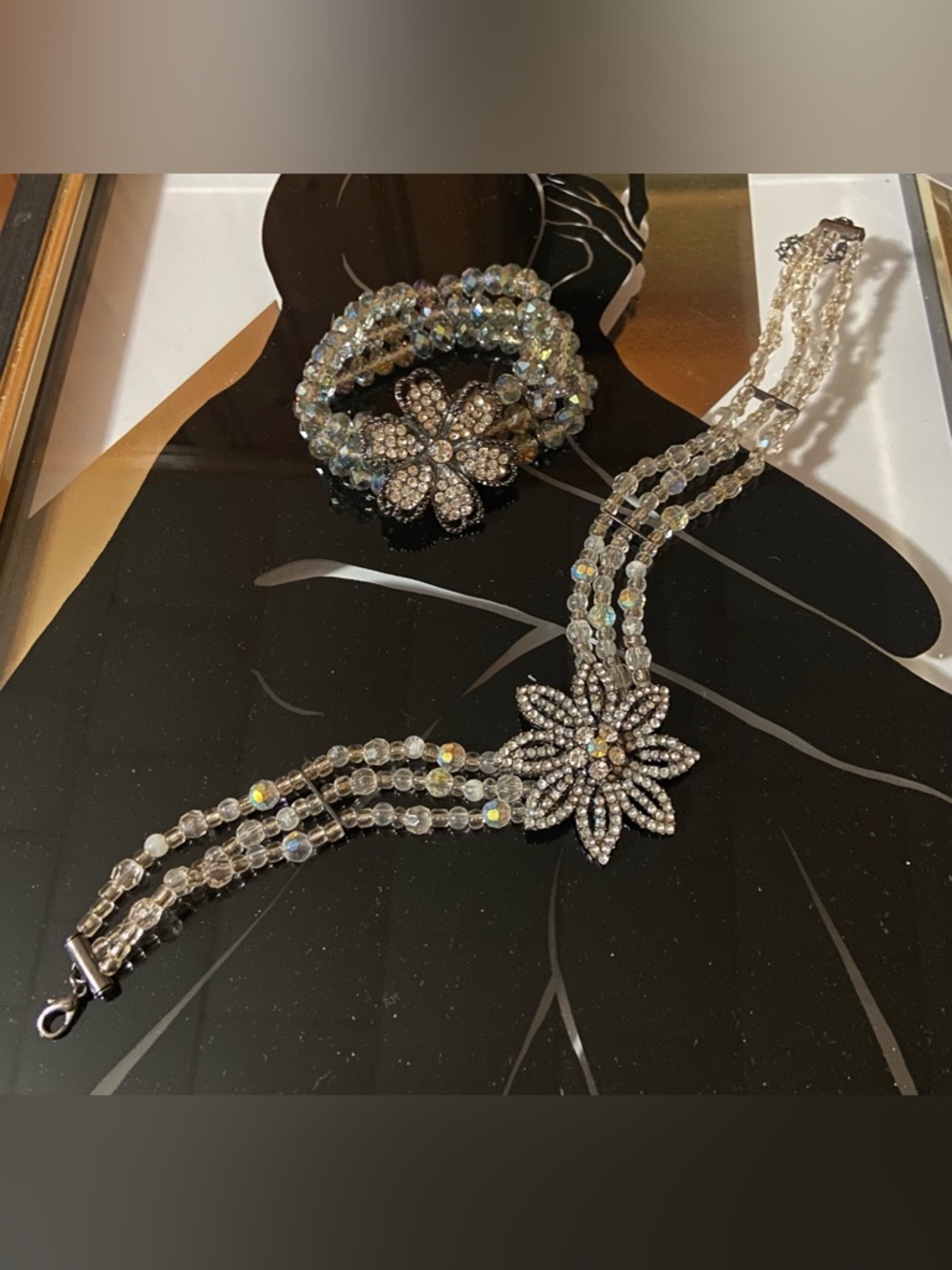 Crystal Flower Multi-Strand Bracelet and Choker Set